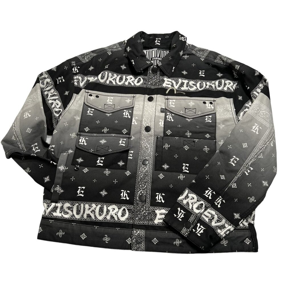 EVISU Gradient Allover Paisley Printed Loose Fit Trucker Jacket in Black